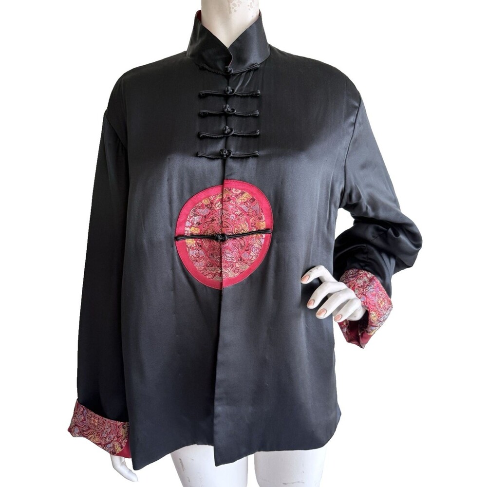 MFA BOSTON Jacket Black Red Asian Art to Wear 100% Silk Reversible Top Size M